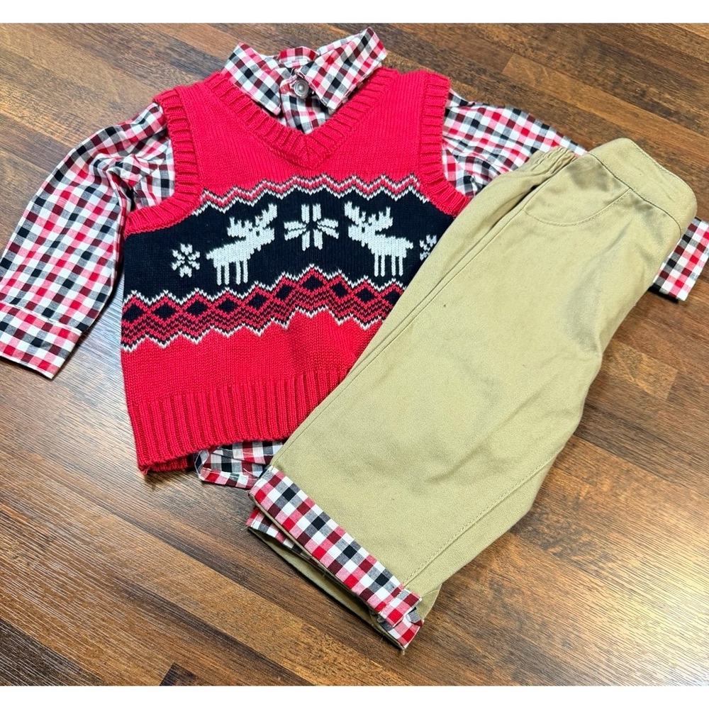 NWT boys 3 piece outfit.  3/6 months.  Khaki pants, plaid shirt w/ sweater vest